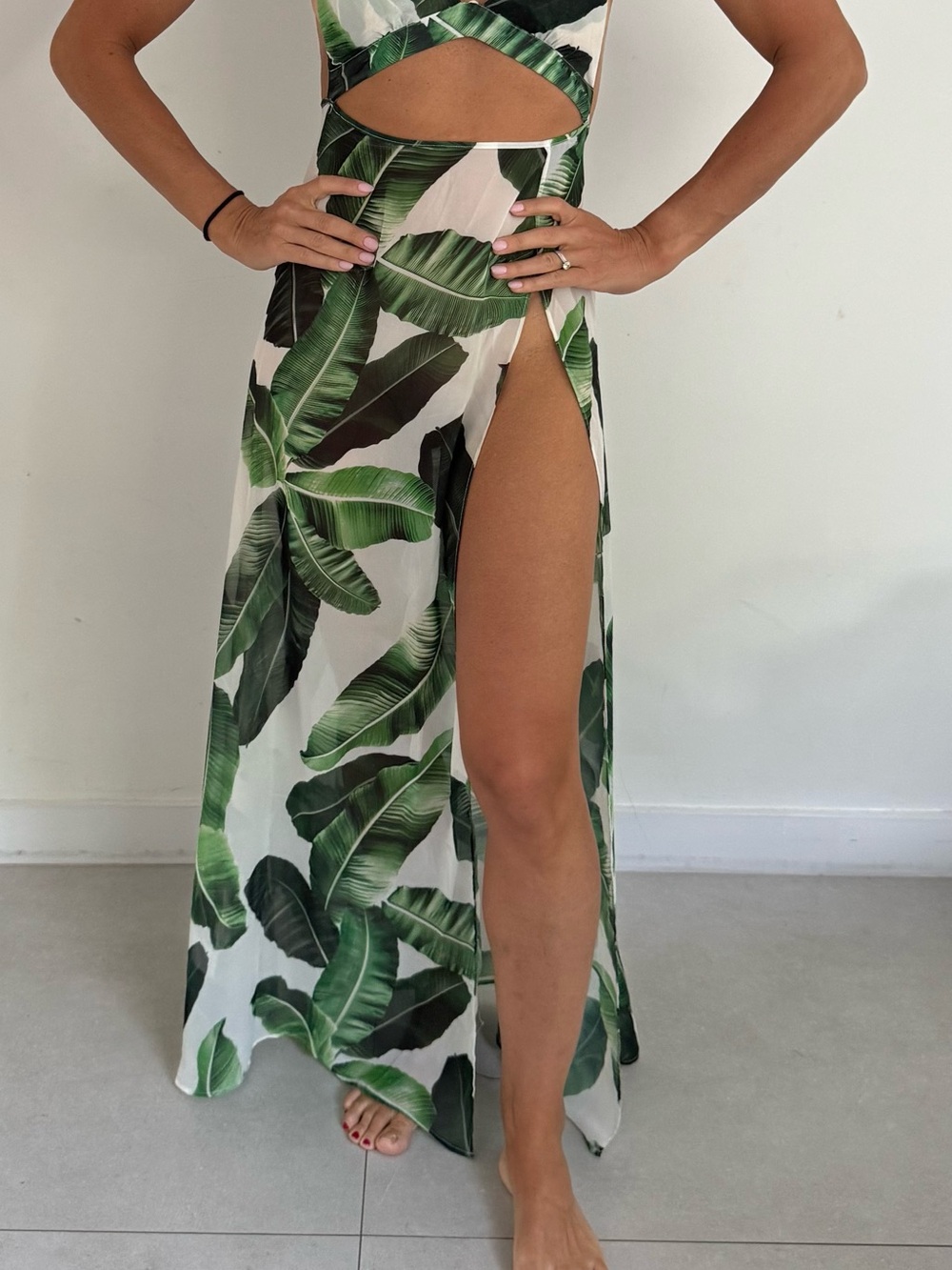 Jaded London Tropical Leaf Cutout Maxi Swim Cover-Up in Green